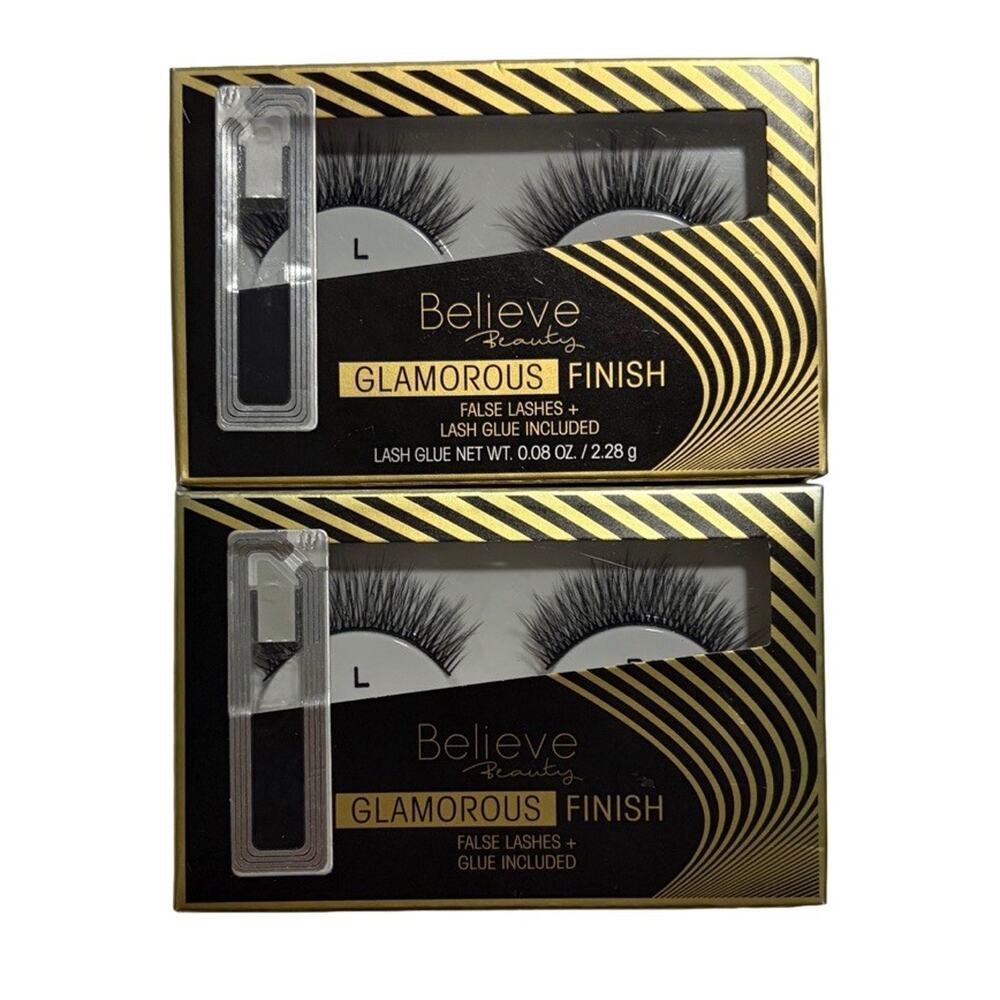 Believe Beauty Glamorous Finish False Lashes w Glue Incl Dramatic Black Lot Of 2